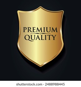 Golden 3D shield with inscription Premium quality. Vector on a black background