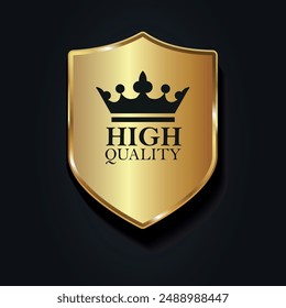 Golden 3D shield with inscription Premium quality. Vector on a black background