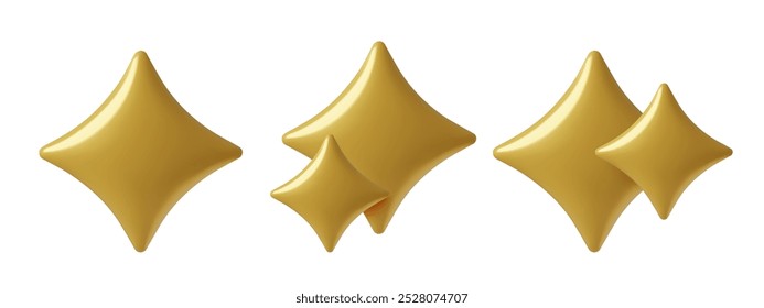 Juego de destellos dorados 3d. Festiva estrellas mágicas Ilustración vectorial tridimensional aislada sobre fondo blanco.