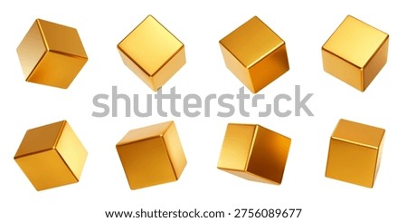 Golden 3d square with cubes box geometry and set geometric gold. Shape cube realistic with yellow metallic glossy and metal cubic vector. Render shiny golden with reflection minimal cubes.