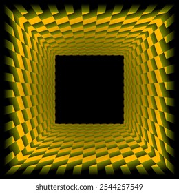 Golden 3D square frame with checkered volumetric borders. Design in the style of optical art.