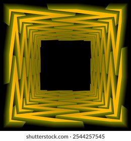 Golden 3D square frame with futuristic volumetric borders. Design in the style of optical art.