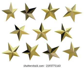 Golden 3-D Star Icon Set Vector Illustration