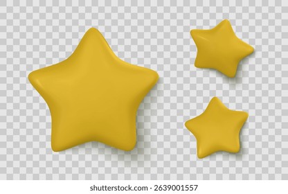 Golden 3D Star Icon Set on Transparent Background. Glossy Cartoon Style for Rating, Favorite, or Achievement UI Design. Vector Illustration.