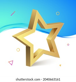 Golden 3d star isolated object medal decoration. Golden star metal vector design icon logo