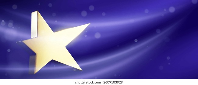 Golden 3D star shape on shiny blue silk fabric background. Bright metallic award symbol, luxury celebration icon. Elegant festive vector illustration for event invitation, premium product design.