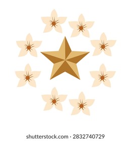 Golden 3D Star Surrounded by Elegant Jasmine Flower Circle, Minimalist Floral Star Motif Vector for Logo Design, Luxury Awards, Wedding Stationery, Greeting Cards, and Decorative Invitations.