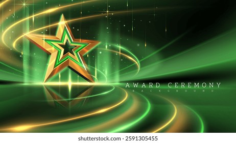 Golden 3D stars on green northern lights scene with glowing effect.