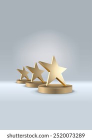 Golden 3d stars on a round pedestal. Vertical Template for a poster or advertising layout of an award ceremony. Free space for text. Vector illustration