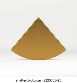 Golden 3d triangle curved pyramid premium decor element vertical wall design realistic vector illustration. Geometric minimalist angular construction metallic platform rendering studio background