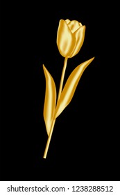 Golden 3d tulip flower with blinds, stem and leaves on a black background. Vector illustration.