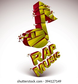 Golden 3d vector shattered musical note with specks and refractions. Dimensional facet design music demolished symbol. Rap music theme.