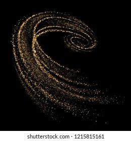 Golden 3d whirlpool, vortex, twist with dynamic particles. Shimmering star dust trail. Vector abstract motion isolated on black background