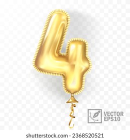 Golden 4 number four metallic balloon. Party decoration golden balloons. Anniversary sign for happy holiday, celebration, birthday, carnival, new year