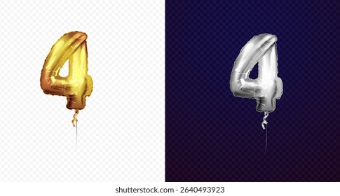 Golden 4 number four metallic balloon. Party decoration golden balloons. Anniversary sign for happy holiday, celebration, birthday, carnival, new year. art