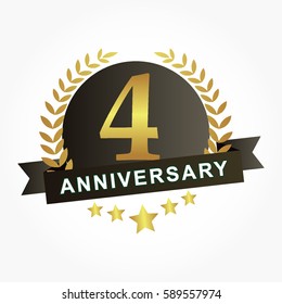golden 4 th years anniversary logo vector on gradient black circle between wheat grasses with stars, ribbon, and shadow effect