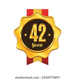 Golden 42 years anniversary badge with ribbon design. Gold medal badge emblem