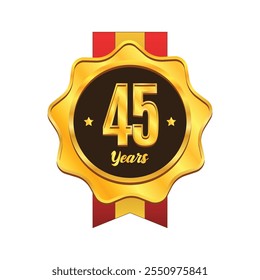 Distintivo de aniversário de 45 anos dourado com design de fita. Emblema de emblema de medalha de ouro