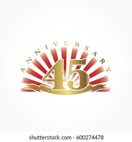 golden 45 years anniversary logo vector with ribbon and red japanese sun shine background
