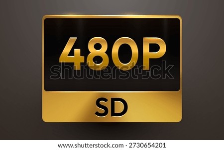 Golden 480p SD Standard Definition Video Resolution Icon on a dark background, representing video quality. Vector illustration.