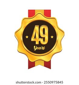 Golden 49 years anniversary badge with ribbon design. Gold medal badge emblem