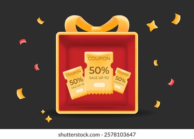 Golden 50% discount coupons in a 3d gift box product showcase mockup with festive confetti.  promotions, special offers, and holiday sales. commerce and marketing illustration for deals and discounts