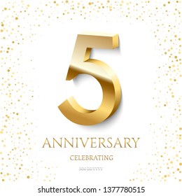 Golden 5th Anniversary Celebrating text and confetti on white background. Vector celebration 5 anniversary event template