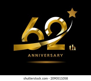 Golden 62 year anniversary celebration logo design with star symbol