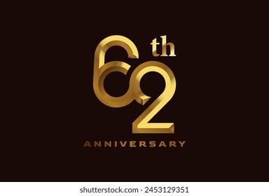 Golden 62 year anniversary celebration logo, Number 62 forming infinity icon, can be used for birthday and business logo templates, vector illustration