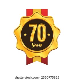 Golden 70 years anniversary badge with ribbon design. Gold medal badge emblem