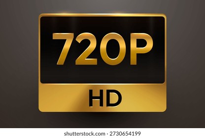 Icono dorado de la resolución del HD Video 720P en un fondo oscuro, significando calidad de alta definición. Ilustración vectorial.