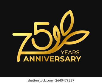 Golden 75th Anniversary Celebration Logo with decorative leaf ornament. Premium vector illustration