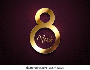 Golden 8 March luxury frame on burgundy floral pattern background. Women's day vector elegance design illustration. Realistic shiny luxury gold number frame, luxury magenta background, wallpaper