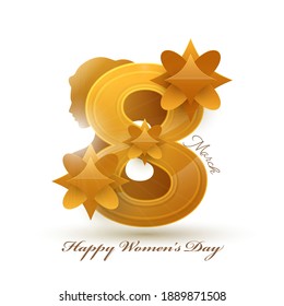 Golden 8 Number Of March With Flowers And Silhouette Female Face On White Background For Happy Women's Day Concept.