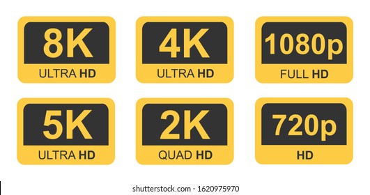 Golden 8K, 4K, 5k Ultra HD Video Resolution Icon Logo; High Definition TV / Game Screen monitor display Label