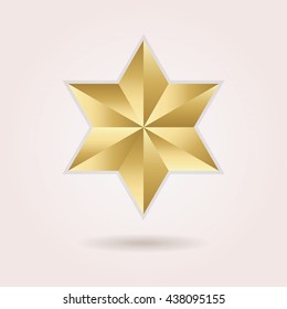 Golden abstract 3d six pointed star icon with dropped shadow on pink gradient background