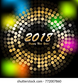 Golden abstract background. Bright, glowing banner. Disco ball. Happy New Year 2018!