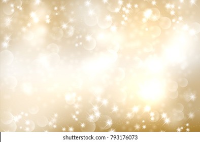 Golden abstract background with circle bokeh and shiny stars - vector illustration