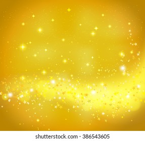 Golden abstract background with flowing light and glittering stars. Vector design template