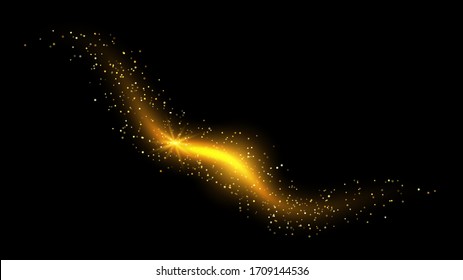 Golden abstract background with glitter waves. Vector golden sparkling comet tail on black background. Vector abstract shiny color sparkle wave design element with glitter effect on black backdrop