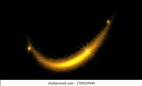 Golden abstract background with glitter waves. Vector golden sparkling comet tail on black background. Vector abstract shiny color sparkle wave design element with glitter effect on black backdrop