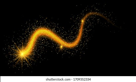 Golden abstract background with glitter waves. Vector golden sparkling comet tail on black background. Vector abstract shiny color sparkle wave design element with glitter effect on black backdrop