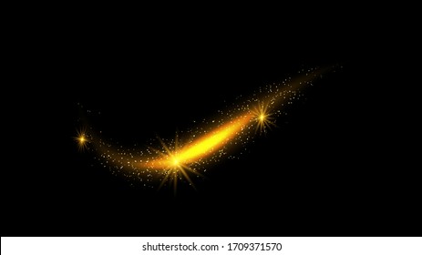 Golden abstract background with glitter waves. Vector golden sparkling comet tail on black background. Vector abstract shiny color sparkle wave design element with glitter effect on black backdrop