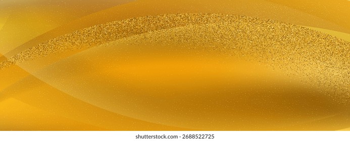 Golden abstract background with gradient waves and glitter particles. Scattered sparkles premium effect. Vector pattern with flowing curves. Award banner template for luxury elegant backdrops.