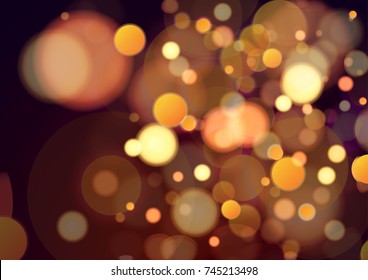 Golden abstract blurred background, bright bokeh on a dark background. Background for holiday card vector illustration
