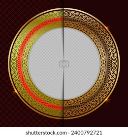 Golden, abstract border in a circle in two color options. Decorative, artistic frame. Template for decorating ceramic, porcelain, wooden, metal products.