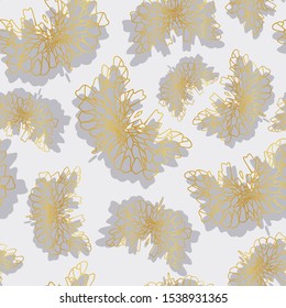 Golden abstract butterflies with gray shadow. Fantasy animals. Seamless pattern. Wallpaper, textile, fabric.