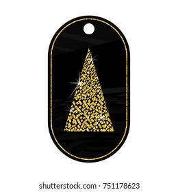 Golden abstract Christmas tree on black chalkboard. Luxury VIP badge, tag for Xmas and New Year sales for gifts, greeting cards and advertising. Flat vector objects isolated on white background.