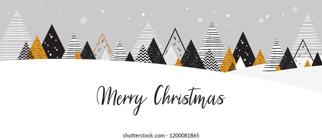 Golden abstract Christmas winter scene. Christmas winter landscape background in Black and Gold colors. Abstract Vector illustration