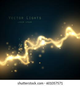 Golden abstract  energy shock effect with many glowing particles. Electric discharge on dark background. Vector illustration